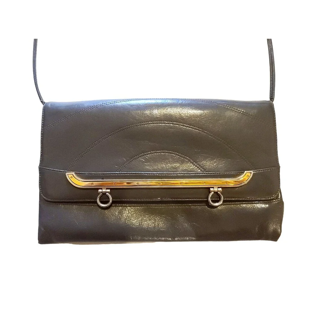 Vintage Lou Taylor Gray Clutch Purse With Pop Out Mirror And Gold Accents